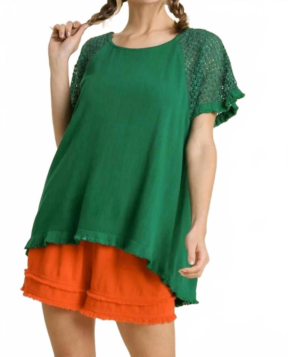 NEW UMGEE linen blend floral crochet sleeve top in emerald